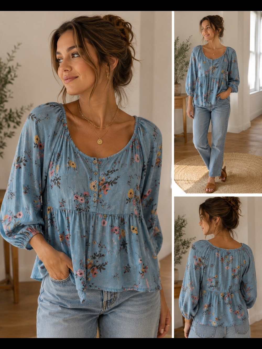 Maurices Blue Floral Babydoll Peasant Top